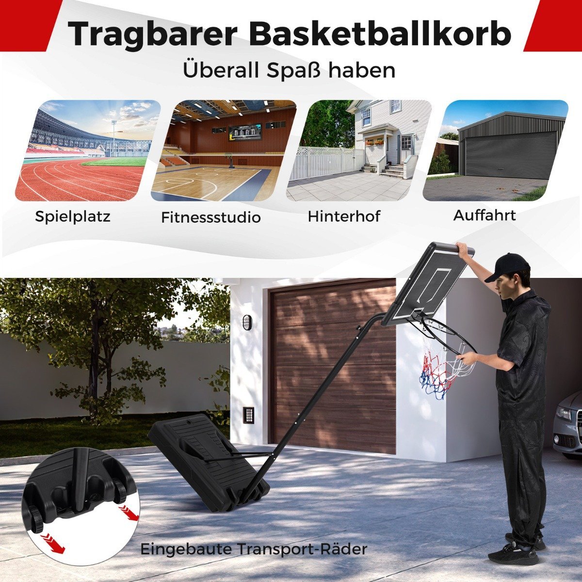 Basketball hoop outdoor basketball stand 210-260 cm height adjustable on wheels black