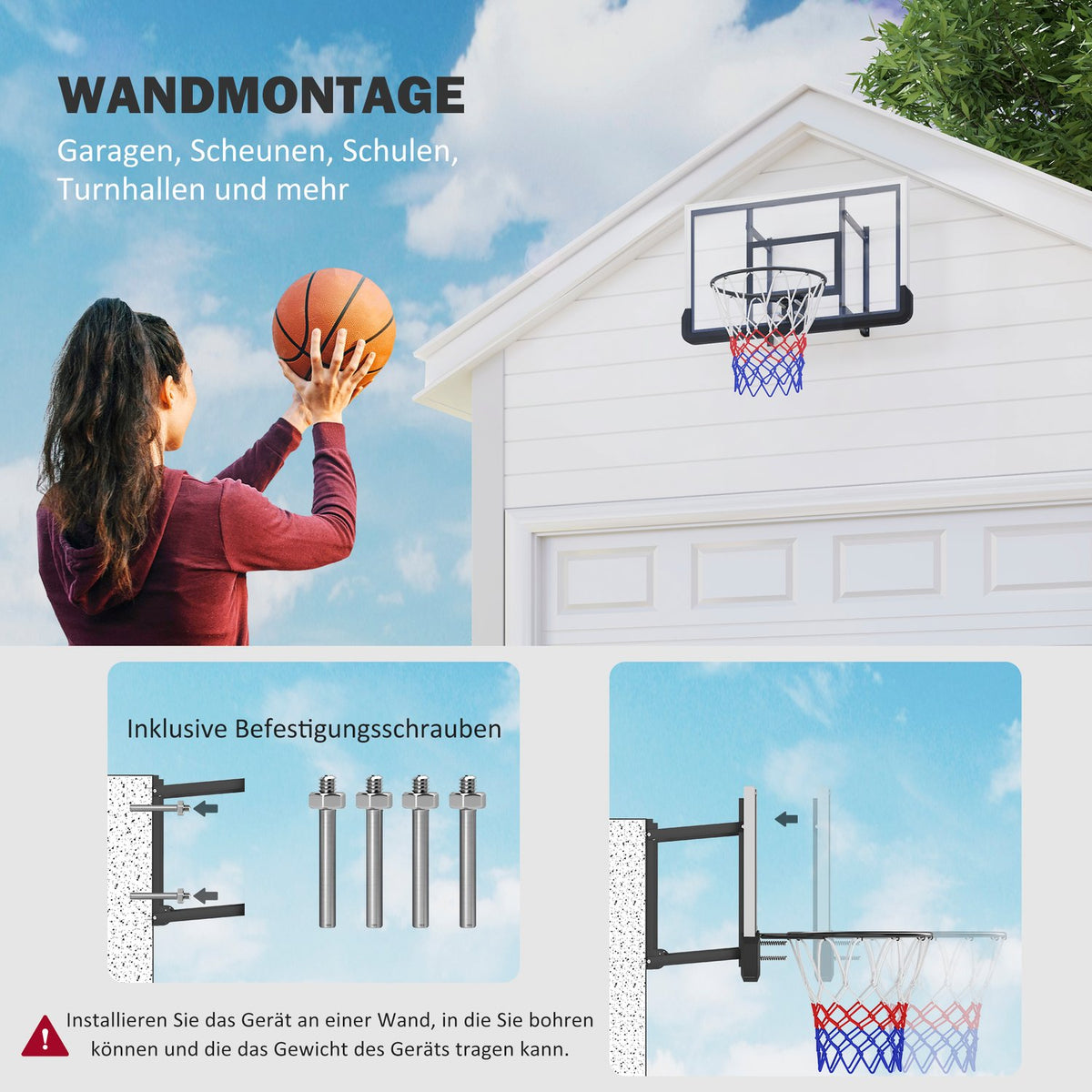 Basketball hoop with back wall for outdoor & indoor, basketball board with Ø45 cm steel hoop and net, wall mounting, basketball board for adults, black