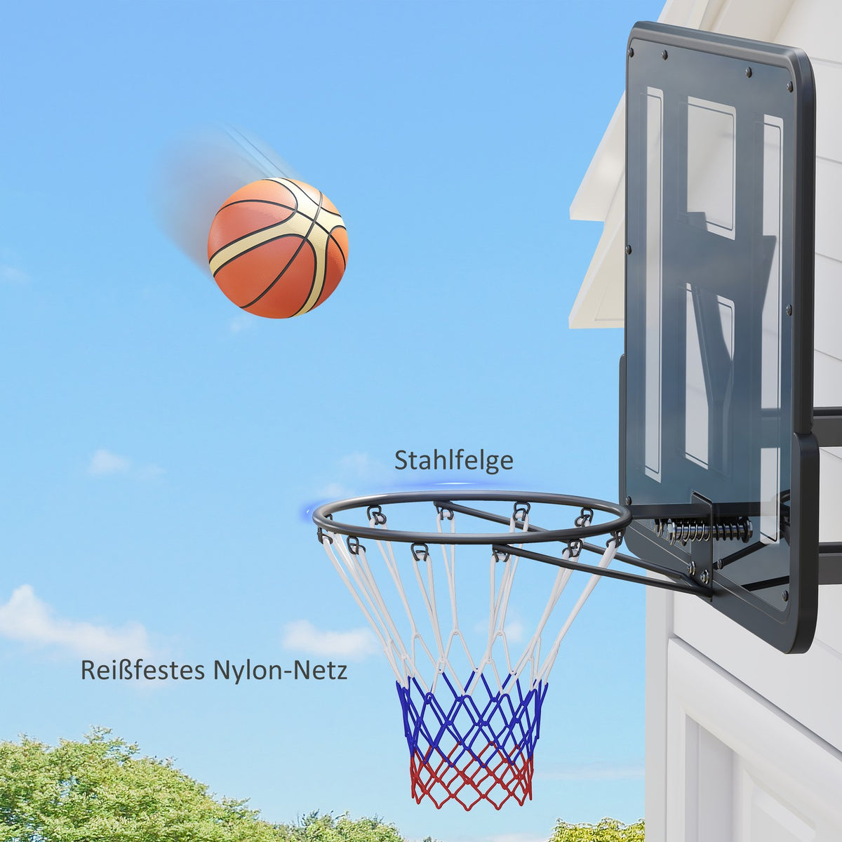 Basketball hoop with back wall for outdoor & indoor, basketball board with Ø45 cm steel hoop and net, wall mounting, basketball board for adults, black