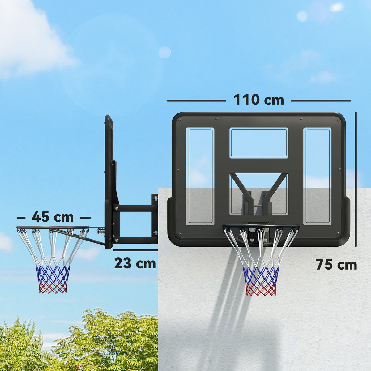Basketball hoop with back wall for outdoor & indoor, basketball board with Ø45 cm steel hoop and net, wall mounting, basketball board for adults, black