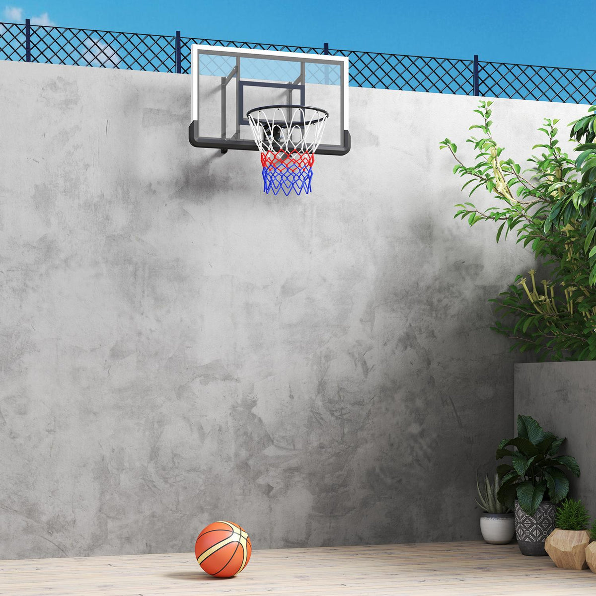 Basketball hoop with back wall for outdoor & indoor, basketball board with Ø45 cm steel hoop and net, wall mounting, basketball board for adults, black