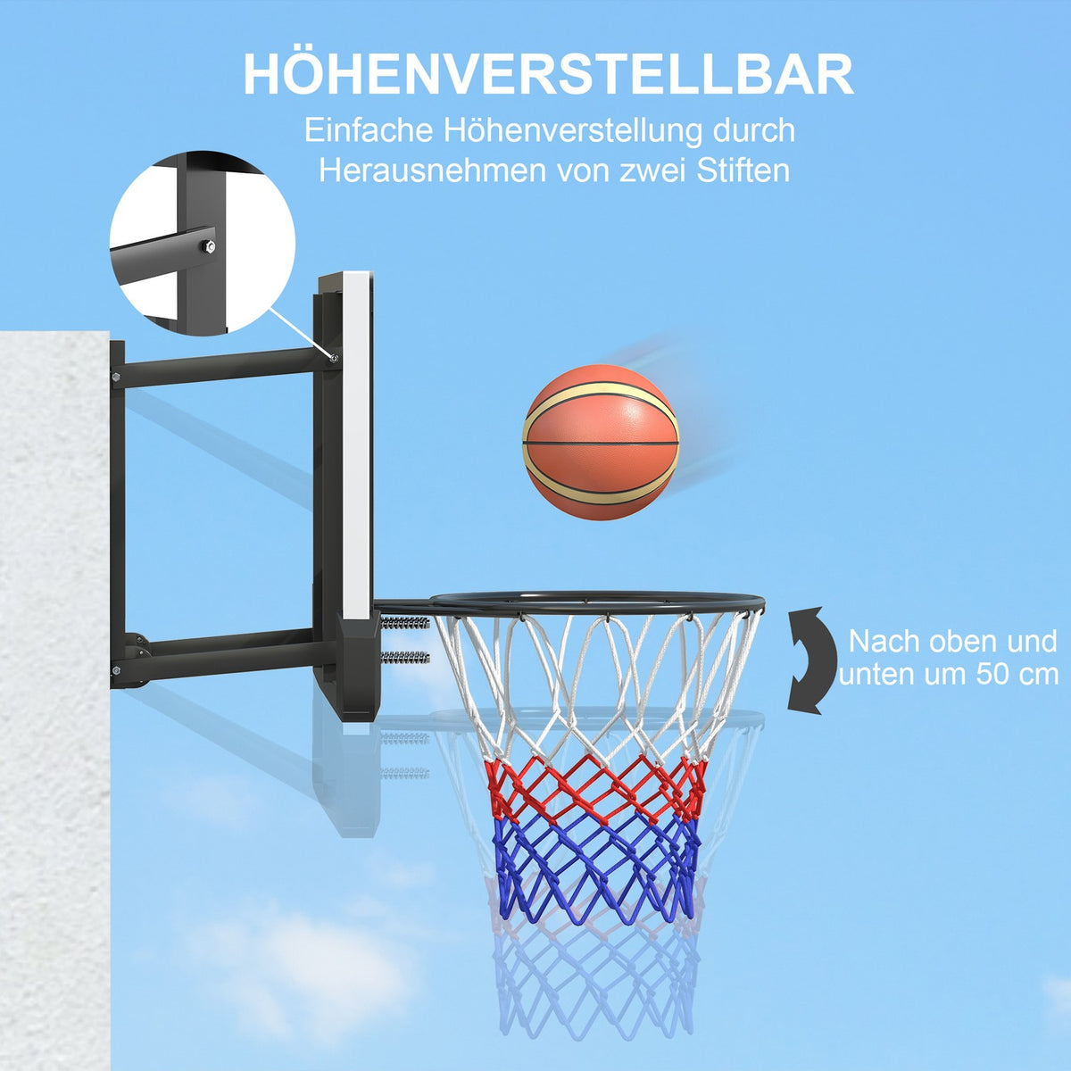 Basketball hoop with back wall for outdoor & indoor, basketball board with Ø45 cm steel hoop and net, wall mounting, basketball board for adults, black