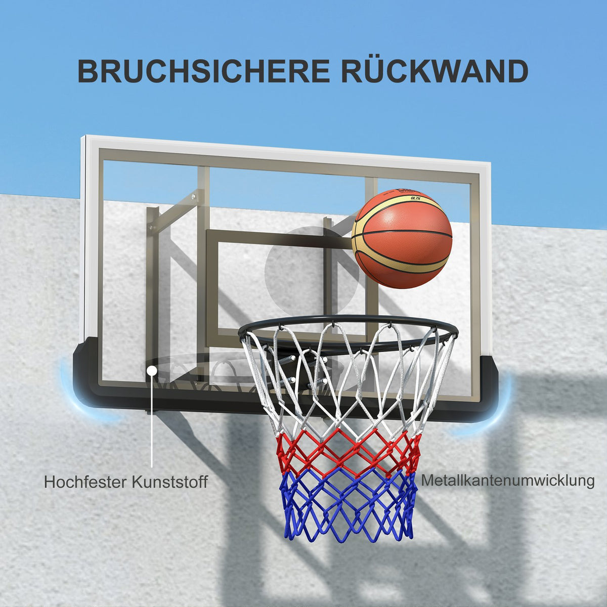 Basketball hoop with back wall for outdoor & indoor, basketball board with Ø45 cm steel hoop and net, wall mounting, basketball board for adults, black