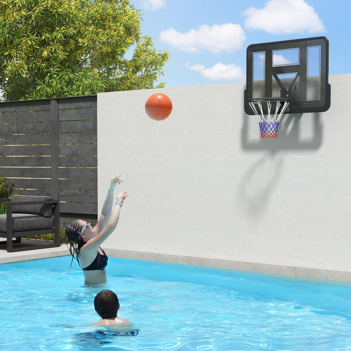 Basketball hoop with back wall for outdoor & indoor, basketball board with Ø45 cm steel hoop and net, wall mounting, basketball board for adults, black
