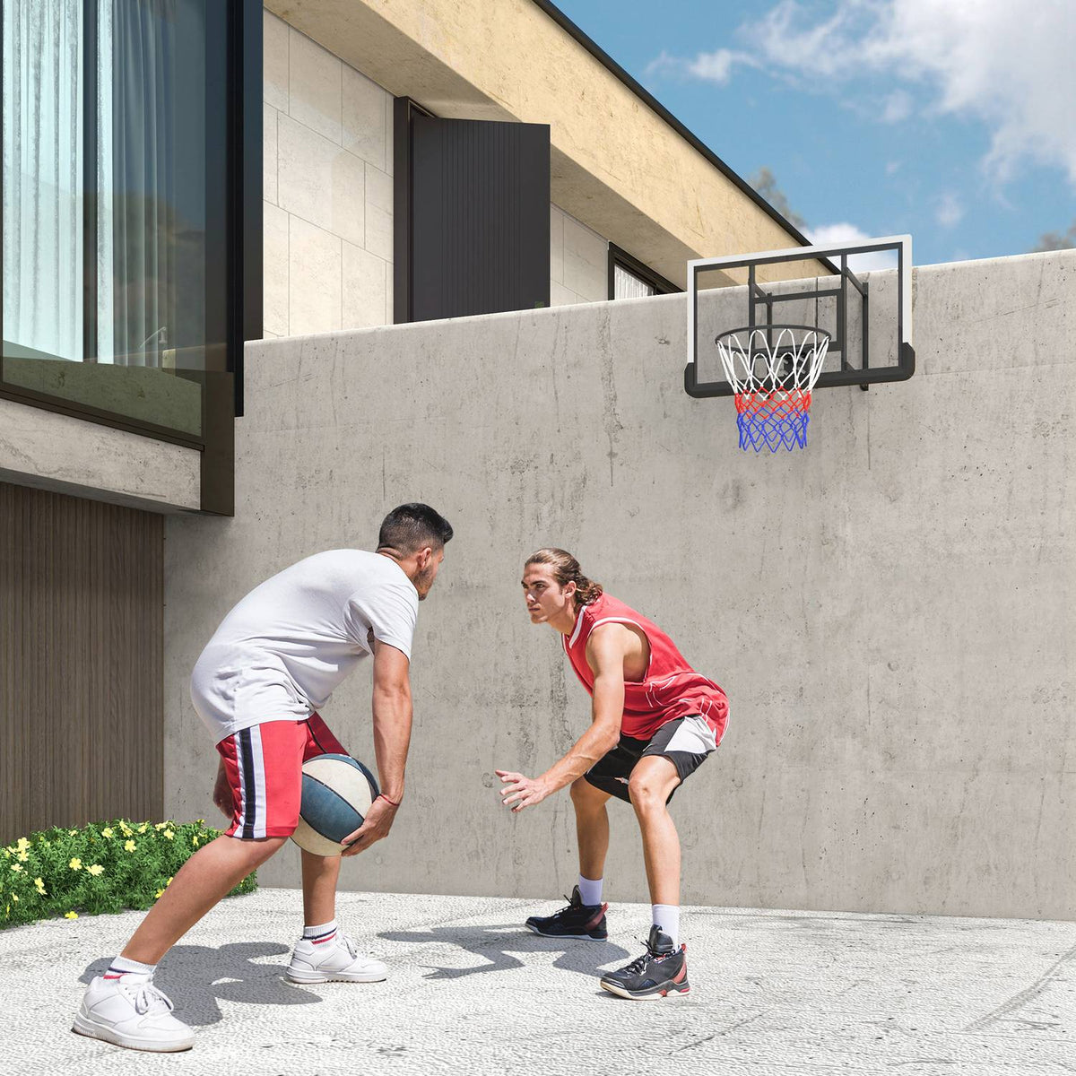 Basketball hoop with back wall for outdoor & indoor, basketball board with Ø45 cm steel hoop and net, wall mounting, basketball board for adults, black