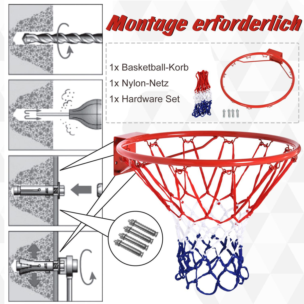 Basketball net Basketball hoop with net, steel tube + nylon, red + blue + white, ø46 cm