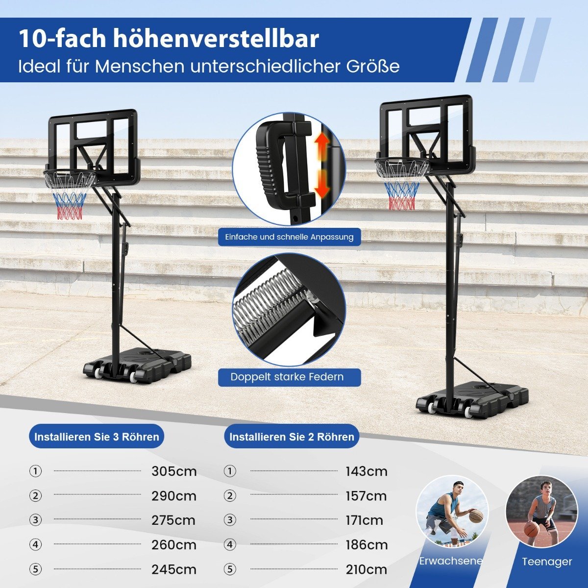 Basketball stand 245-305 cm height adjustable basketball hoop with stand black
