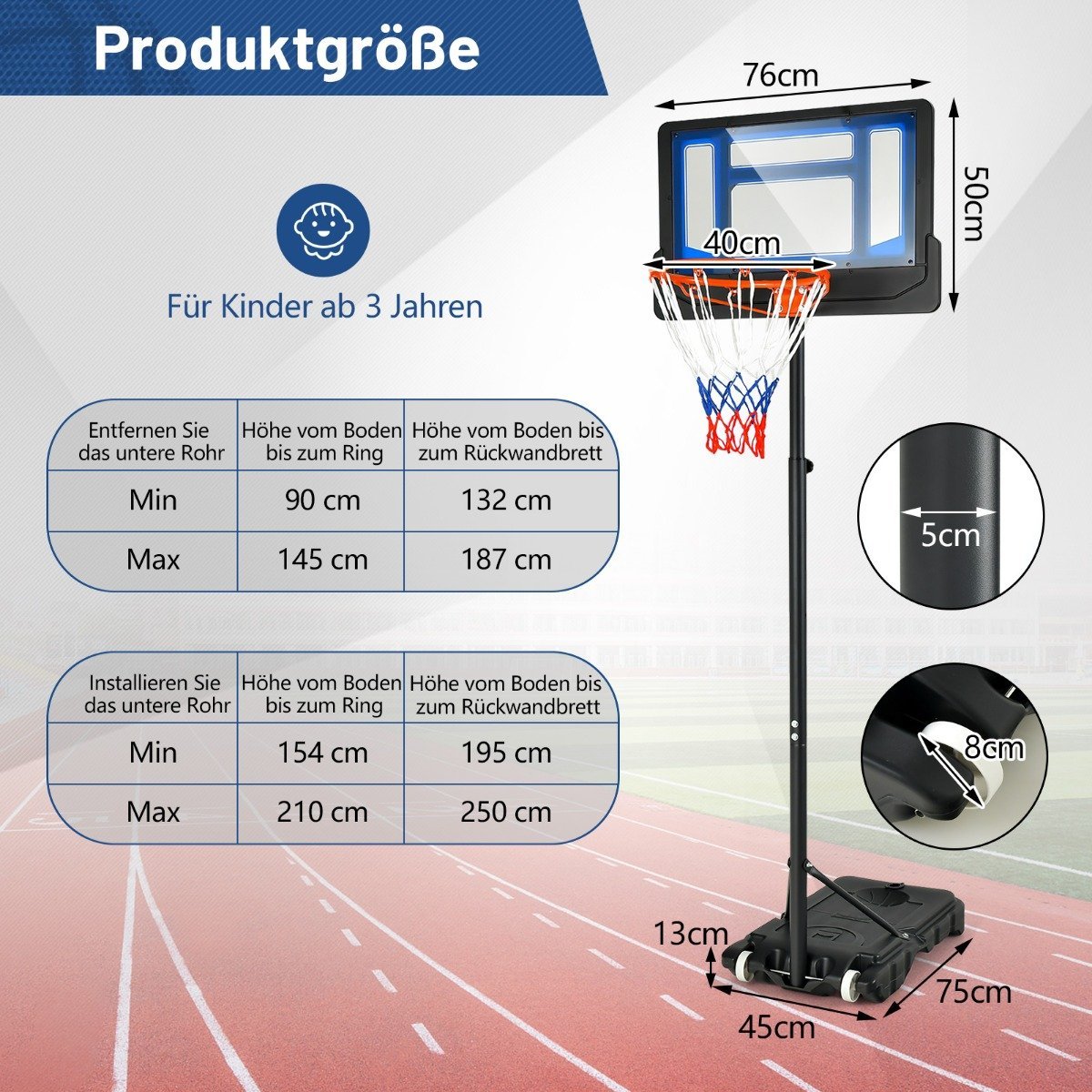 Basketball stand 90/158-210 cm height adjustable basketball hoop with stand weatherproof indoor outdoor blue