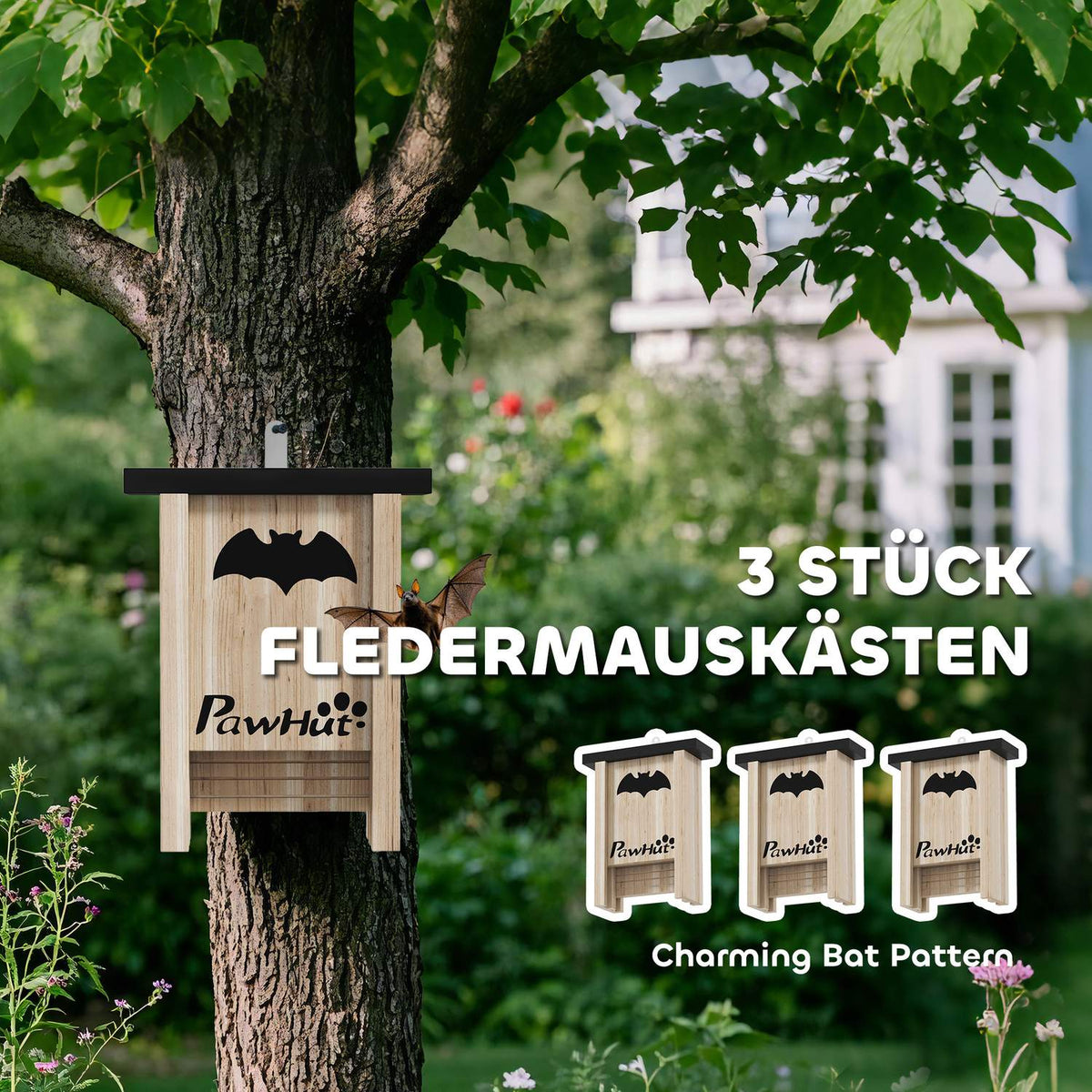 Bat Box Set of 3, Bat House, Nesting Box for Bats, Hanging Bat Box for Gardens, Orchards, Farms, Fir Wood, 18 x 6 x 22.5 cm, Natural