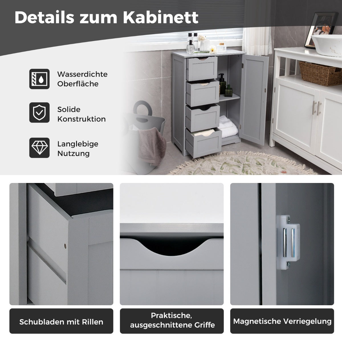 Bathroom Cabinet, 4 Drawers, Adjustable Shelf, Gray