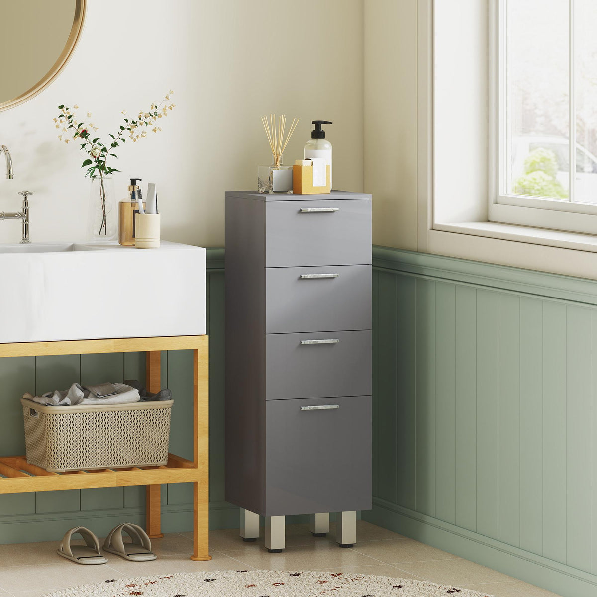 Bathroom Cabinet, 4 Drawers, Chipboard, Grey, 30x30x93 cm