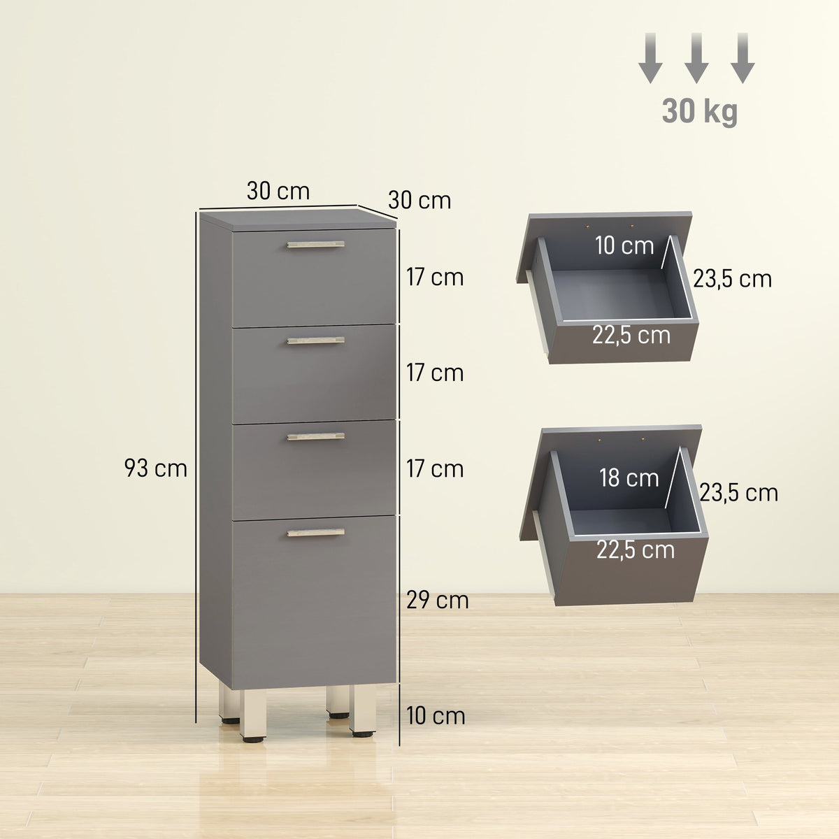 Bathroom Cabinet, 4 Drawers, Chipboard, Grey, 30x30x93 cm