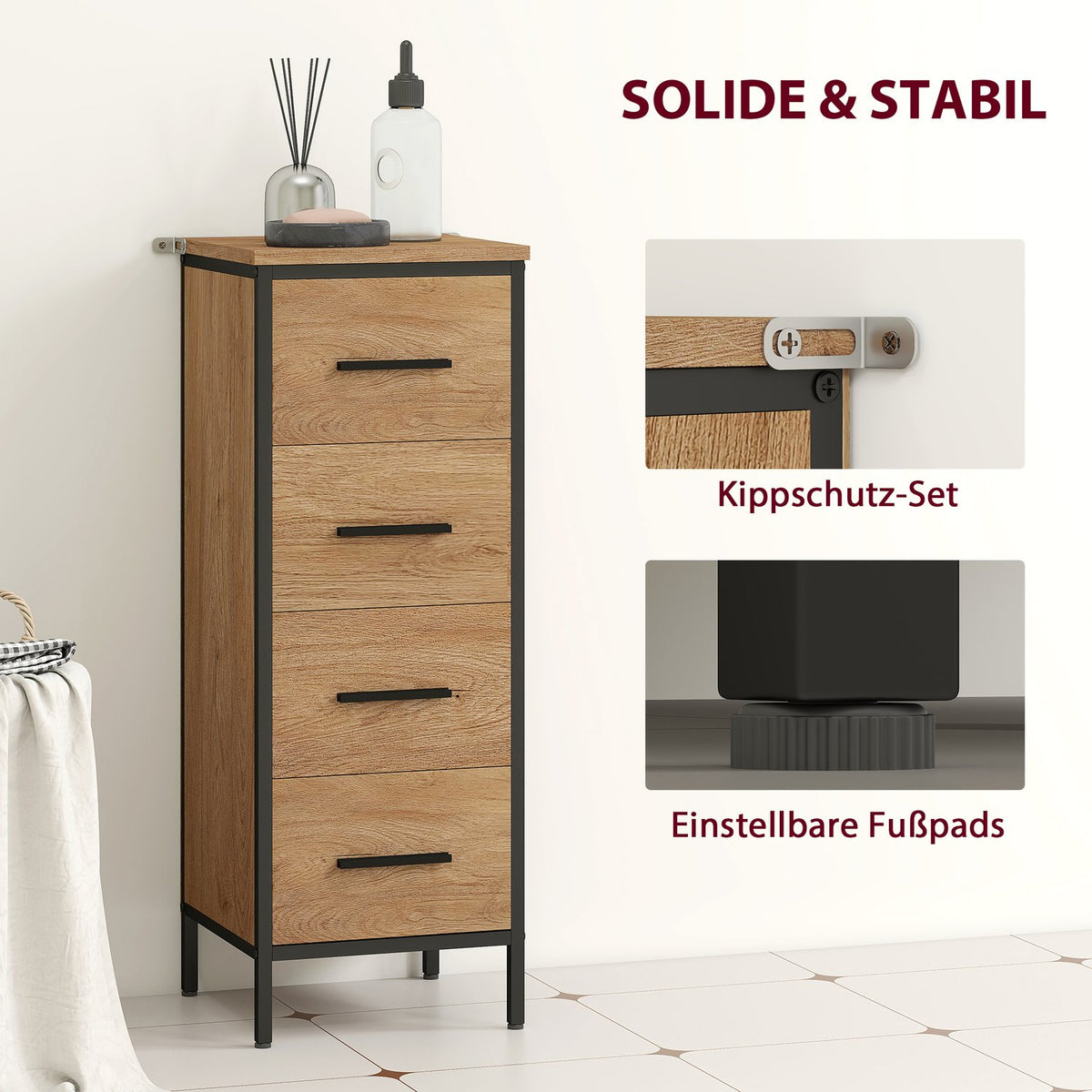 Bathroom Cabinet, 4 Drawers, Compact, Industrial Style
