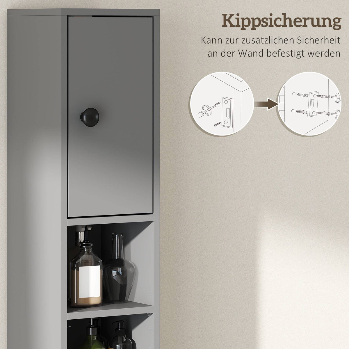 Bathroom Cabinet, 4 Shelves, Drawer, Chipboard, Grey