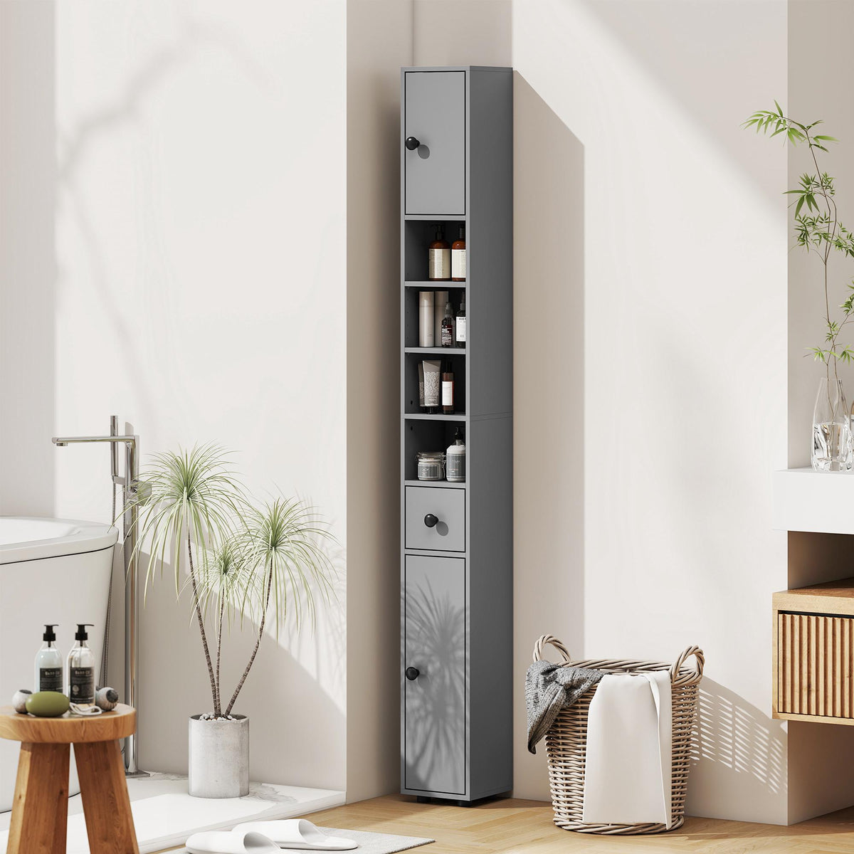 Bathroom Cabinet, 4 Shelves, Drawer, Chipboard, Grey