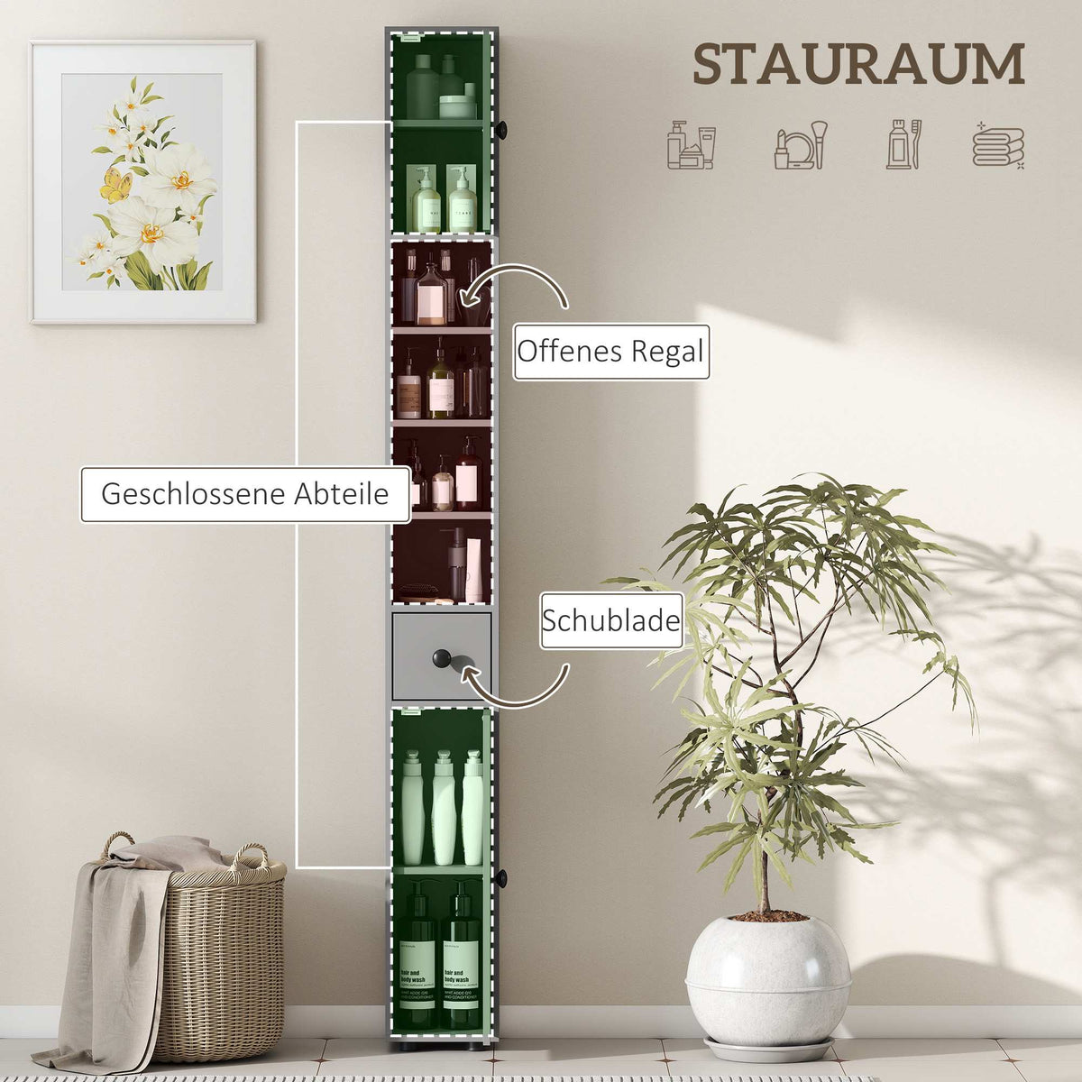 Bathroom Cabinet, 4 Shelves, Drawer, Chipboard, Grey