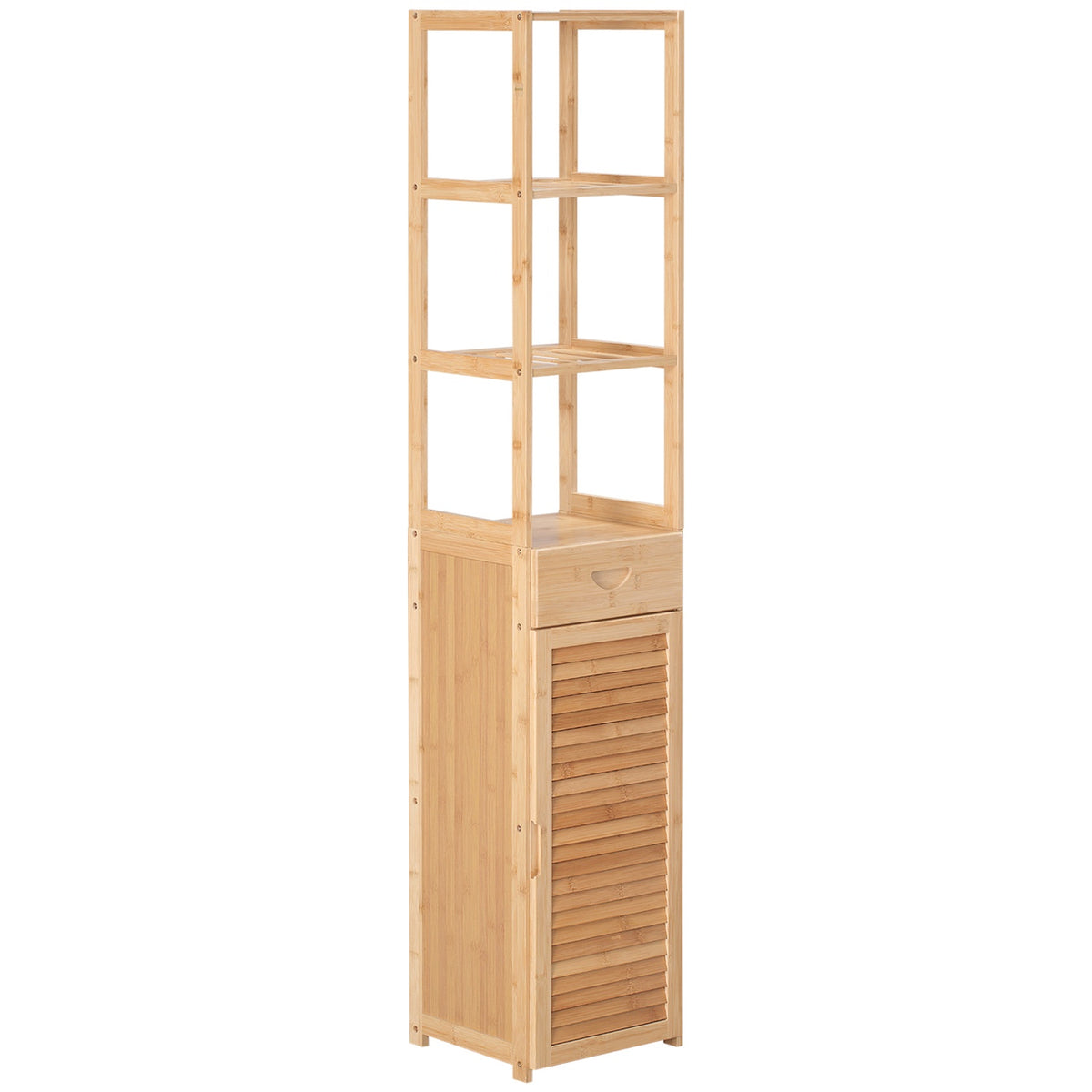 Bathroom Cabinet, Bamboo Bathroom Cabinet, Bathroom Furniture with Drawer, Three Shelves, Open Compartment, for Bathroom, 32 x 30 x 163 cm Natural Wood