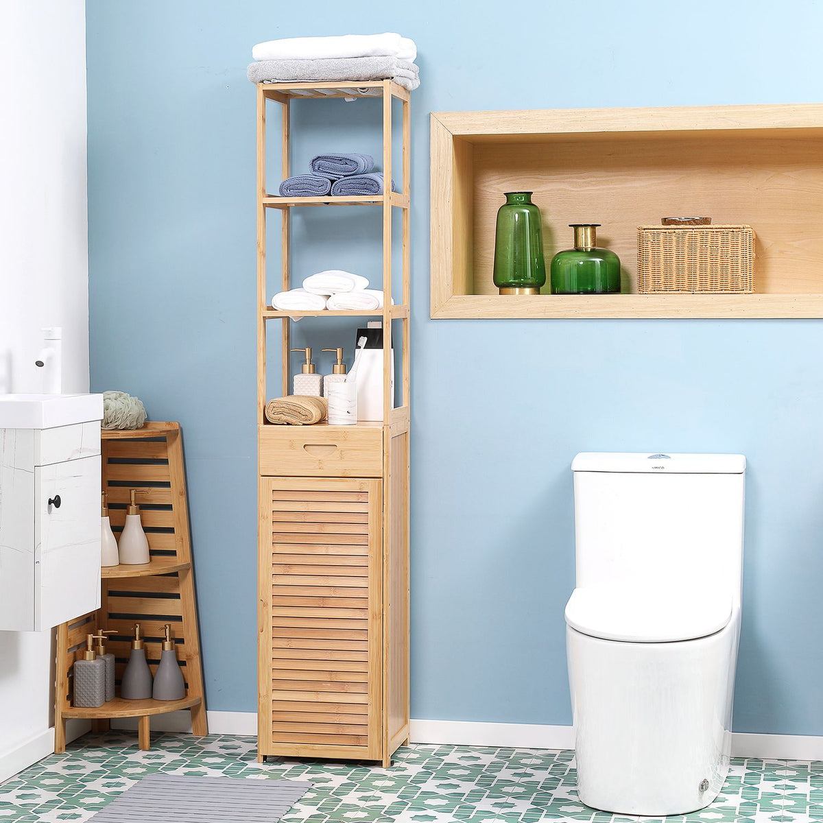 Bathroom Cabinet, Bamboo Bathroom Cabinet, Bathroom Furniture with Drawer, Three Shelves, Open Compartment, for Bathroom, 32 x 30 x 163 cm Natural Wood