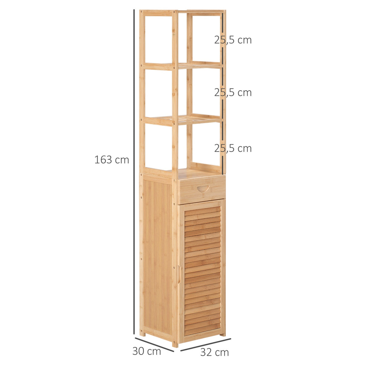 Bathroom Cabinet, Bamboo Bathroom Cabinet, Bathroom Furniture with Drawer, Three Shelves, Open Compartment, for Bathroom, 32 x 30 x 163 cm Natural Wood