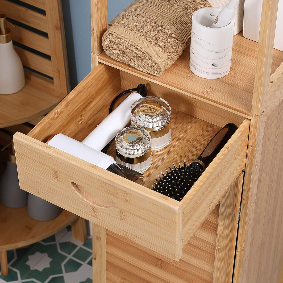 Bathroom Cabinet, Bamboo Bathroom Cabinet, Bathroom Furniture with Drawer, Three Shelves, Open Compartment, for Bathroom, 32 x 30 x 163 cm Natural Wood