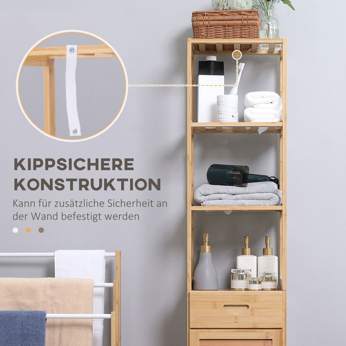 Bathroom Cabinet, Bamboo Bathroom Cabinet, Bathroom Furniture with Drawer, Three Shelves, Open Compartment, for Bathroom, 32 x 30 x 163 cm Natural Wood