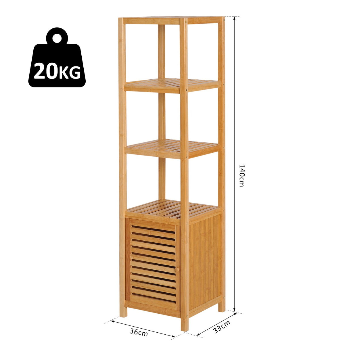 Bathroom Cabinet Bathroom Cabinet With 3 Open Compartments, Storage Cabinet Made Of Bamboo, Toilet Cabinet, Natural, 36X33X140Cm