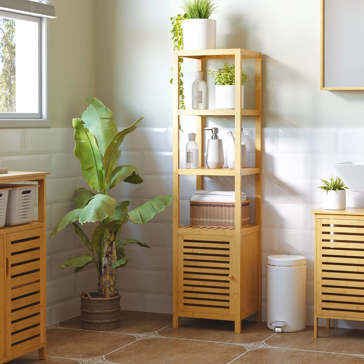 Bathroom Cabinet Bathroom Cabinet With 3 Open Compartments, Storage Cabinet Made Of Bamboo, Toilet Cabinet, Natural, 36X33X140Cm