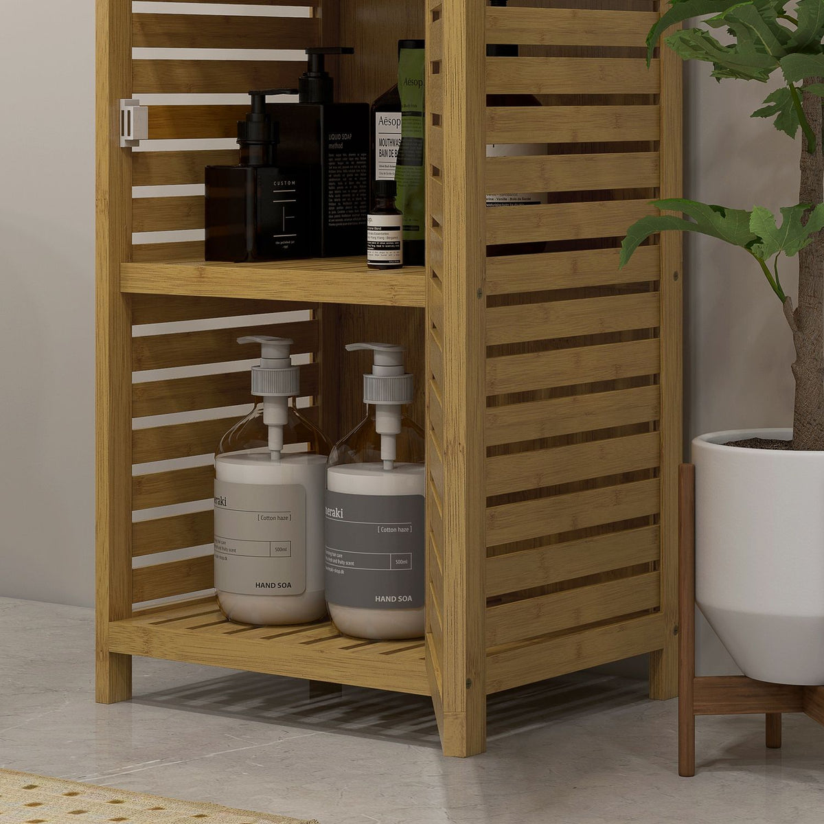 Bathroom Cabinet Made Of Bamboo, 3 Open Compartments, Anti-Tip, Natural Wood, For Bathroom