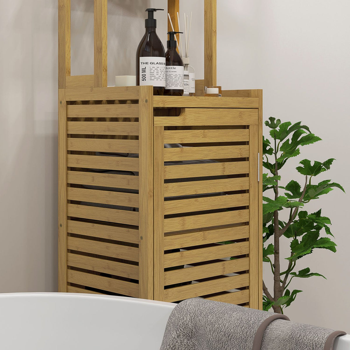 Bathroom Cabinet Made Of Bamboo, 3 Open Compartments, Anti-Tip, Natural Wood, For Bathroom