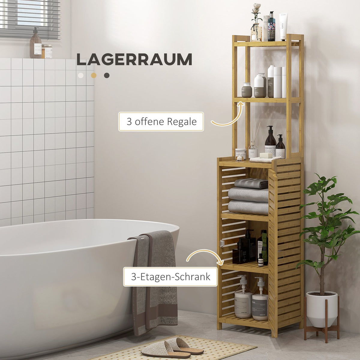 Bathroom Cabinet Made Of Bamboo, 3 Open Compartments, Anti-Tip, Natural Wood, For Bathroom