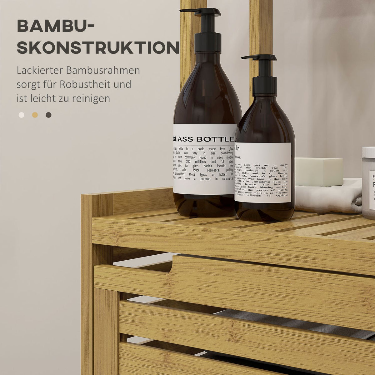 Bathroom Cabinet Made Of Bamboo, 3 Open Compartments, Anti-Tip, Natural Wood, For Bathroom