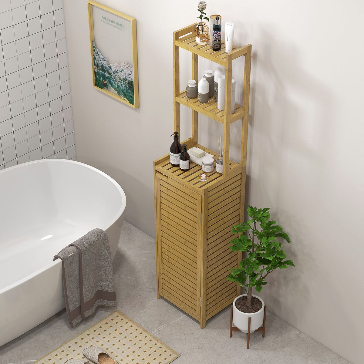 Bathroom Cabinet Made Of Bamboo, 3 Open Compartments, Anti-Tip, Natural Wood, For Bathroom