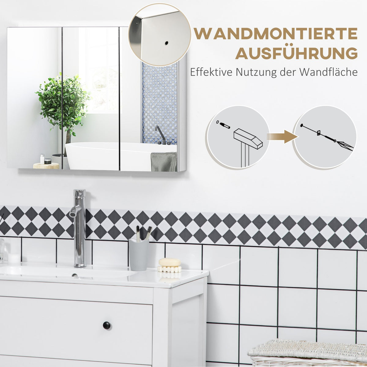 Bathroom Cabinet Mirror Cabinet Wall Cabinet With 3 Glass Doors & 5 Shelves, Stainless Steel, Silver, 70X12X55Cm