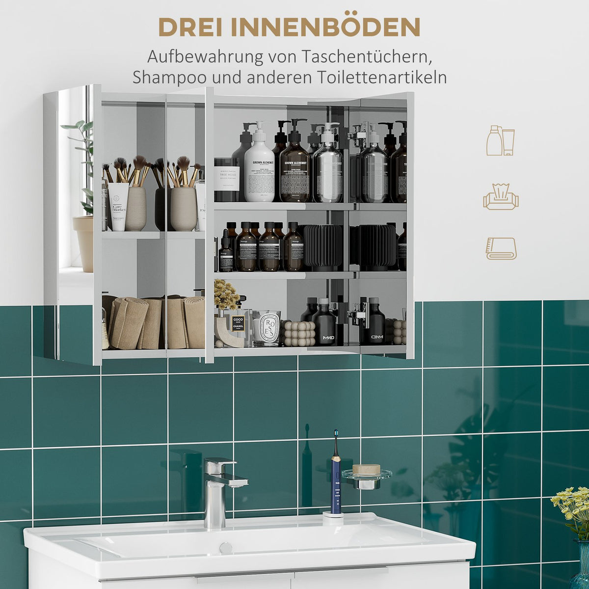 Bathroom Cabinet Mirror Cabinet Wall Cabinet With 3 Glass Doors & 5 Shelves, Stainless Steel, Silver, 70X12X55Cm