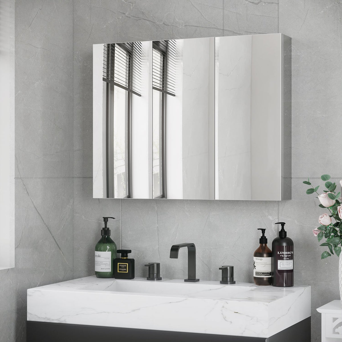 Bathroom Cabinet Mirror Cabinet Wall Cabinet With 3 Glass Doors & 5 Shelves, Stainless Steel, Silver, 70X12X55Cm