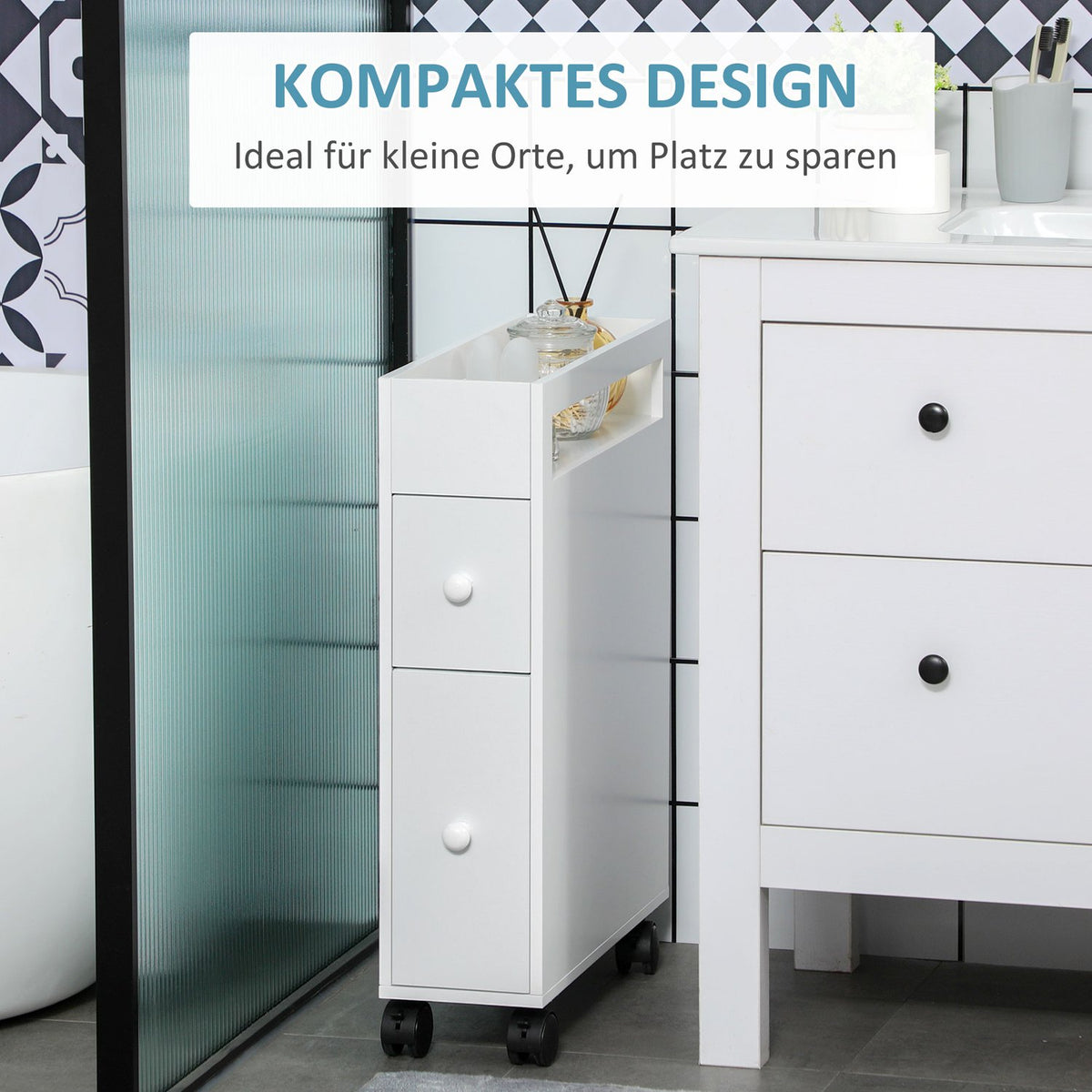 Bathroom Cabinet Niche Cabinet With Wheels, 2 Drawers & Open Compartment, Bathroom Trolley, White, 16X49.5X66Cm