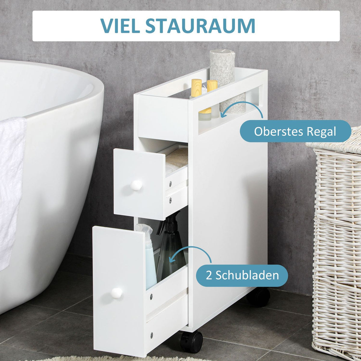 Bathroom Cabinet Niche Cabinet With Wheels, 2 Drawers & Open Compartment, Bathroom Trolley, White, 16X49.5X66Cm