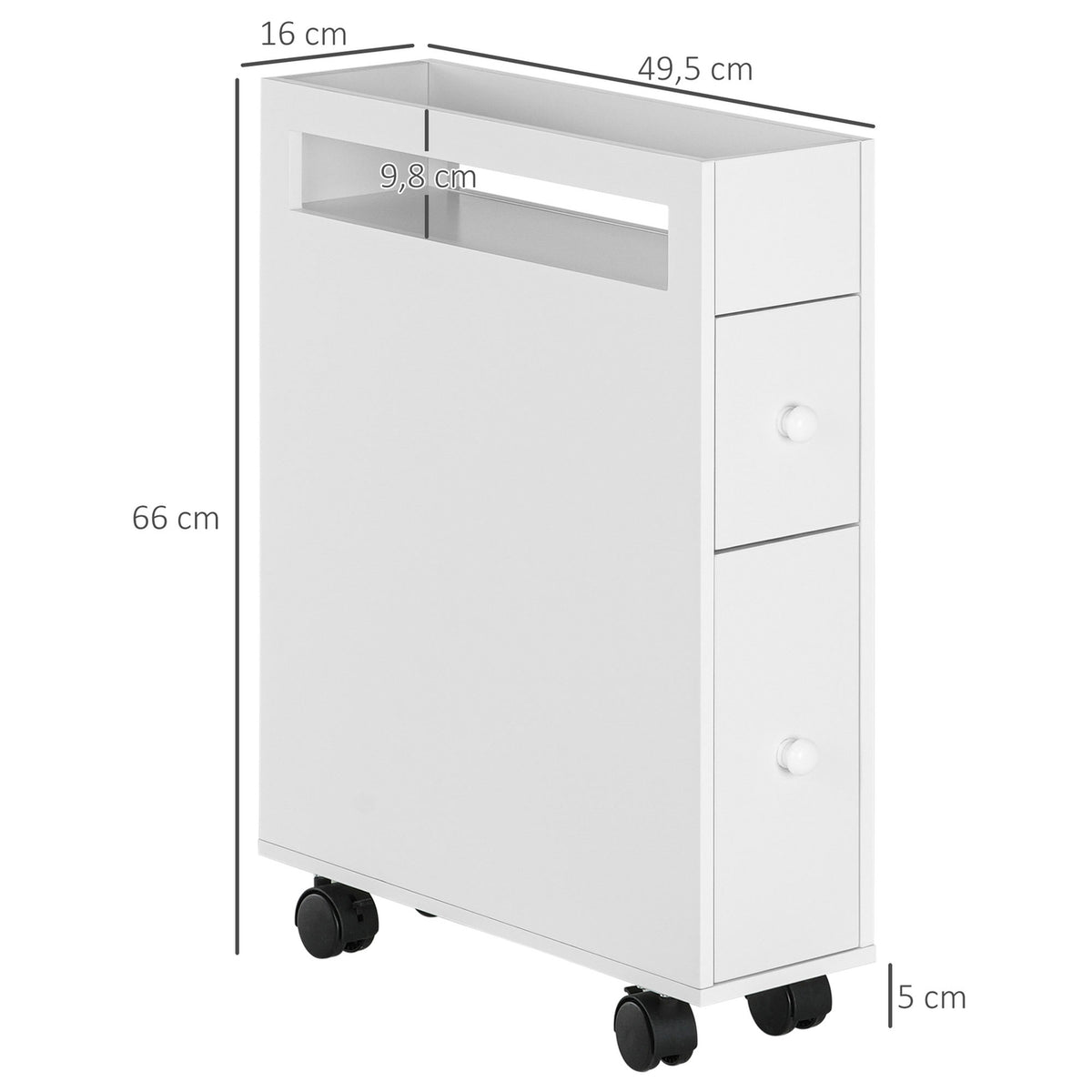 Bathroom Cabinet Niche Cabinet With Wheels, 2 Drawers & Open Compartment, Bathroom Trolley, White, 16X49.5X66Cm