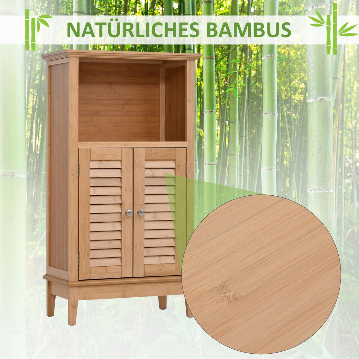 Bathroom Cabinet Standing Shelf With Open Shelf, Made Of Bamboo, Natural, 50X25.5X92Cm