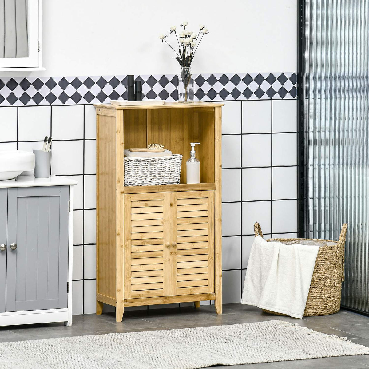 Bathroom Cabinet Standing Shelf With Open Shelf, Made Of Bamboo, Natural, 50X25.5X92Cm