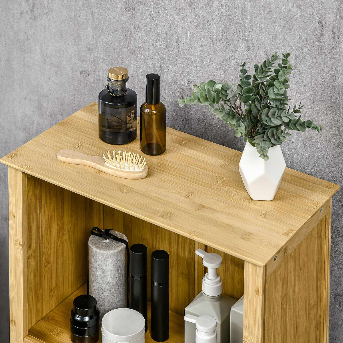 Bathroom Cabinet Standing Shelf With Open Shelf, Made Of Bamboo, Natural, 50X25.5X92Cm