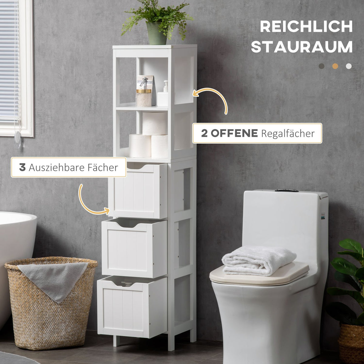 Bathroom Cabinet, Storage Cabinet, Bathroom Tall Cabinet With 2 Drawers, 3 Open Compartments, White, 30 X 30 X 141.6 Cm