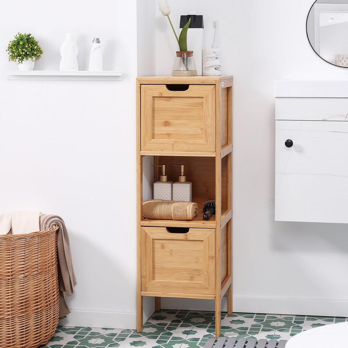 Bathroom Cabinet Storage Cabinet Made Of Bamboo With 2 Drawers, Base Cabinet, Anti-Tip, Country House Style, Side Cabinet