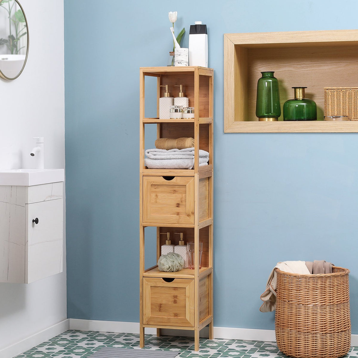 Bathroom Cabinet Tall Cabinet Made Of Bamboo With 3 Shelves & 2 Drawers, Anti-Tip, Multi-Purpose Cabinet, Side Cabinet