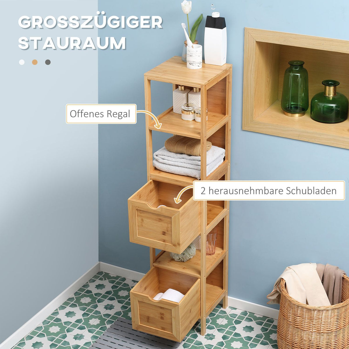 Bathroom Cabinet Tall Cabinet Made Of Bamboo With 3 Shelves & 2 Drawers, Anti-Tip, Multi-Purpose Cabinet, Side Cabinet