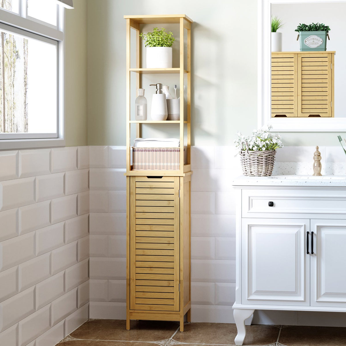 Bathroom Cabinet With 3 Open Compartments And 1 Cabinet, Bathroom Furniture, Free-Standing Tall Cabinet For Bathrooms, Small Rooms, Natural 34 X 30 X 173 Cm