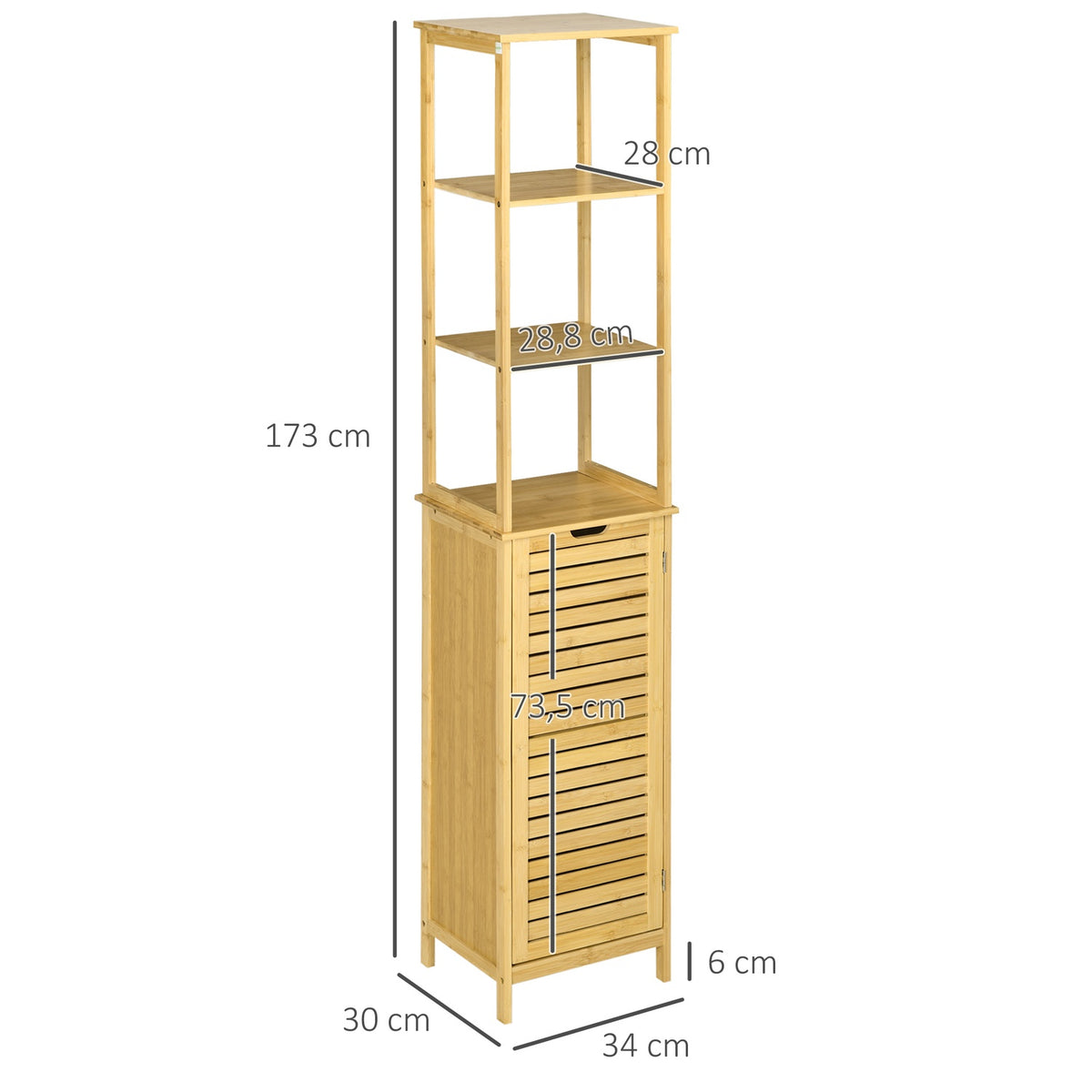 Bathroom Cabinet With 3 Open Compartments And 1 Cabinet, Bathroom Furniture, Free-Standing Tall Cabinet For Bathrooms, Small Rooms, Natural 34 X 30 X 173 Cm