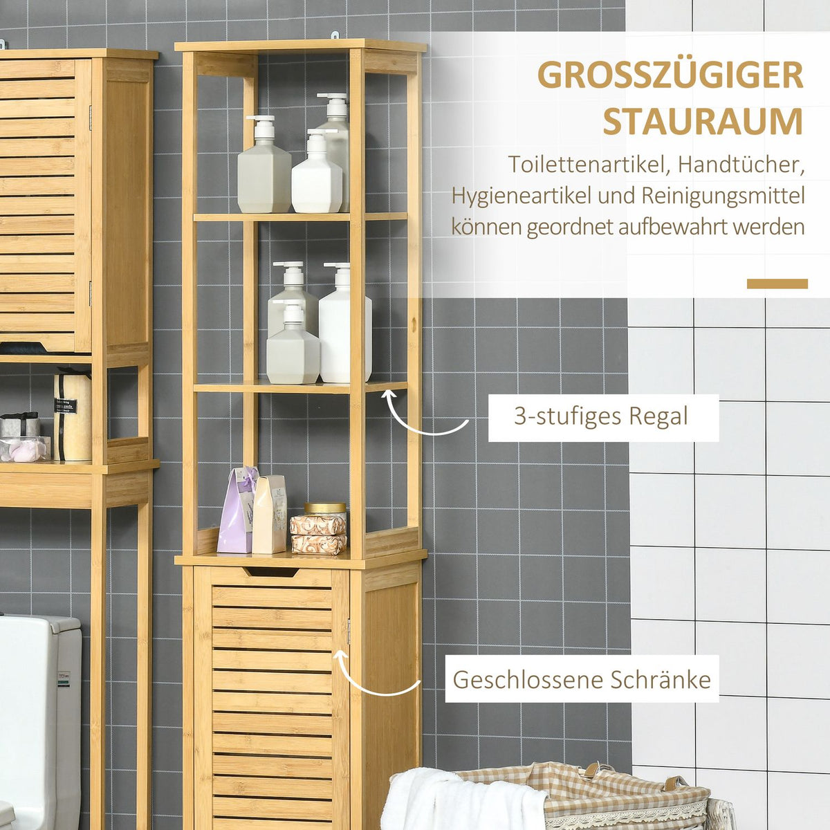 Bathroom Cabinet With 3 Open Compartments And 1 Cabinet, Bathroom Furniture, Free-Standing Tall Cabinet For Bathrooms, Small Rooms, Natural 34 X 30 X 173 Cm