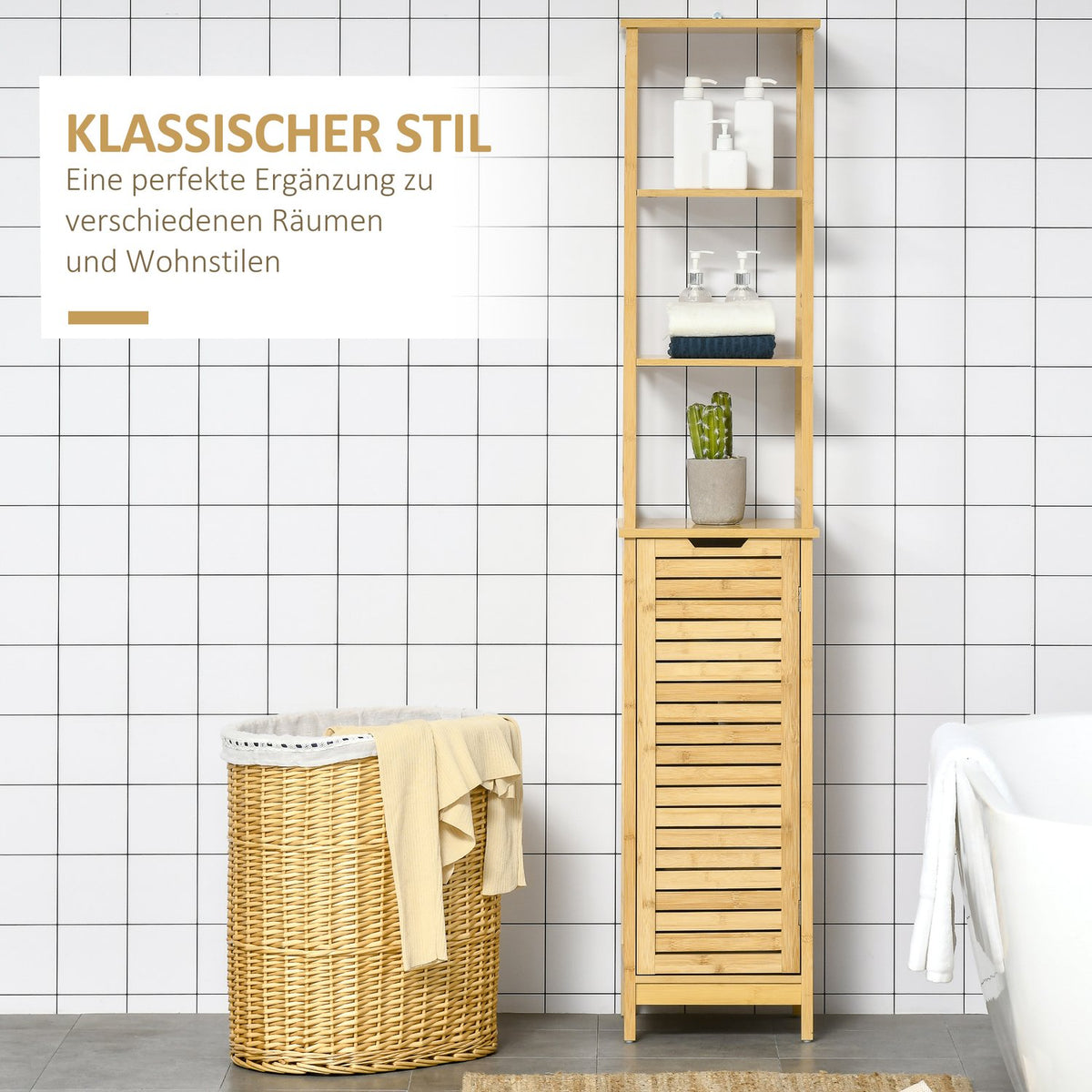 Bathroom Cabinet With 3 Open Compartments And 1 Cabinet, Bathroom Furniture, Free-Standing Tall Cabinet For Bathrooms, Small Rooms, Natural 34 X 30 X 173 Cm