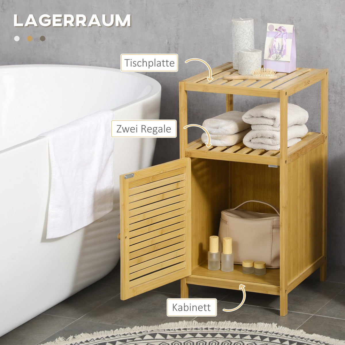 Bathroom Cabinet With Open Compartment, Side Cabinet, Anti-Tip, Storage Cabinet, Bamboo, Natural, 33X35.5X67Cm